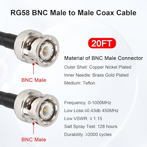 MOOKEERF BNC Cable - 20FT RG58 50 Ohm Male to Male Coax Low Loss Extension With Adapter Connector for Antennas, RF Radios, Modems, Oscilloscopes, Spectrum (Red) - size: 20FT