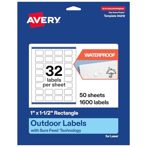 Avery Outdoor Waterproof Rectangle Labels with Sure Feed Technology, 1" x 1.5", White Film, Print-to-the-Edge, Compatible with Laser Printers, 1600 Labels Total - style: 1,600 labels
