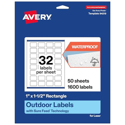 Avery Outdoor Waterproof Rectangle Labels with Sure Feed Technology, 1" x 1.5", White Film, Print-to-the-Edge, Compatible with Laser Printers, 1600 Labels Total - style: 1,600 labels
