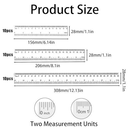 30 Pack Clear Ruler Set - 12 Inch & 8 Inch & 6 Inch Metric Measuring Tools | Dual CM/Inch Scale Rulers Bulk for Classroom, School Office Home Supplies | Assorted Sizes - size: Mixed Sizes
