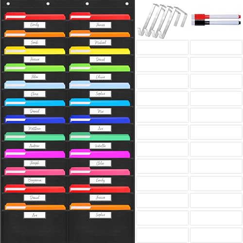 24 Pockets Heavy Duty Storage Chart, Hanging Wall File Organizer, Plus 4 Over Door Metal Hangers, 2 Markers & 24 Erasable Blank Cards, Organize Your Assignments, Files, Scrapbooks Papers (28” x 50.5”) - color: Nylon Pockets, size: 24 Pockets(28.5” x 50.5”