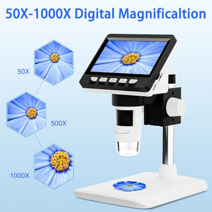 4.3" Digital Microscope for Adults, USB Coin Magnifier with 8 Adjustable Lights, 1000X Magnifying Glass, 1080P Resolution,Save Photos & Videos,Compatible with Windows/MacOS, White - color: White
