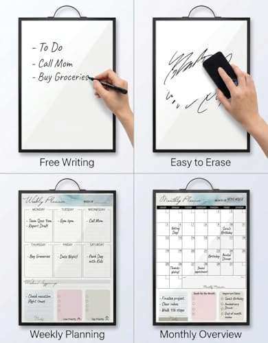 Magnetic Dry Erase Board 12x16 with Handle, Double Sided Portable Black Whiteboard for Home, Office, School & Kitchen, Includes Weekly & Monthly Magnetic Planner Sheets - style: Black Handle + Planner