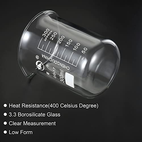 PATIKIL 300ml Low Form Glass Beaker, 3.3 Borosilicate Glass Graduated Printed Scale Measuring Cups with Spout for Kitchen Lab Liquids Transit Boiling - size: 300ml