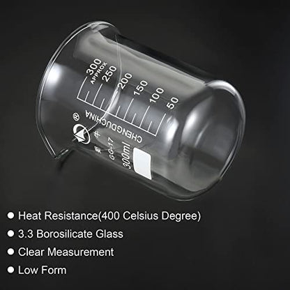 PATIKIL 300ml Low Form Glass Beaker, 3.3 Borosilicate Glass Graduated Printed Scale Measuring Cups with Spout for Kitchen Lab Liquids Transit Boiling - size: 300ml