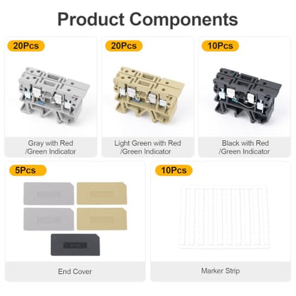 50Pcs DIN Rail Terminal Block Fuse Holder, with Indicator Light - color: Light Green&Gray&Black, size: Terminal Block Kit