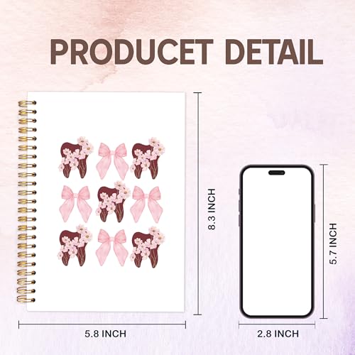 Dental Hygienist Gifts Notebook Journal, Dentist Gift Notebooks for Note Taking, Coquette Pink Bow Floral Dental Journal, Aesthetic Hardcover Spiral Notebook 5.5x8.3in - color: pink teeth