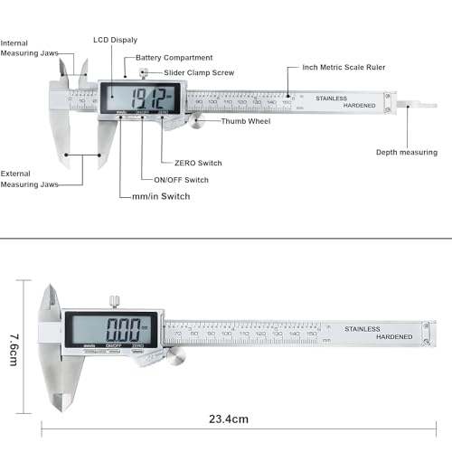 Digital Caliper Measuring Tool, IP54 Waterproof Stainless Steel Vernier Caliper Digital Micrometer with Large LCD Screen, Easy Switch from Inch Metric, 6 Inch Caliper Tool for DIY/Household