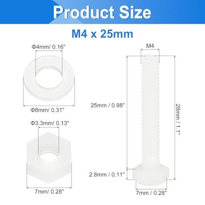 uxcell 300 Pcs/100 Sets Nylon Hex Bolts, M4 x 25mm Plastic Full Threaded Hex Head Screws Bolts and Nuts with Flat Washers for Machinery Electronics Industrial Accessories, White - size: M4 x 25mm