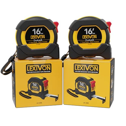 LEXIVON [2-Pack] 16Ft/5m DuaLock Tape Measure | 1-Inch Wide Blade with Nylon Coating, Matt Finish White & Yellow Dual Sided Rule Print | Ft/Inch/Fractions/Metric (LX-208) - size: 16 ft / 5 m (pack of 2)