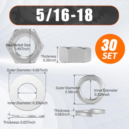 #5/16-18 Nuts and Washers Assortment Kit, Hex Nut Spring Washer Flat Washer - color: steel gray, size: SAE 5/16-18