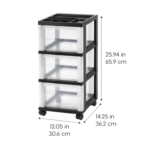 IRIS USA 3-Drawer Rolling Storage Cart, Black/Clear - color: Black, size: 3 Drawer
