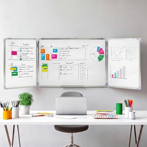 Mooliwe 72"x24" Tri-fold Fabric Board Whiteboard Combo, Foldable Combination Magnetic Dry Erase Board & Bulletin Whiteboard with Aluminum Frame Wall Mounted for Home, Office and School(Blue) - color: Blue
