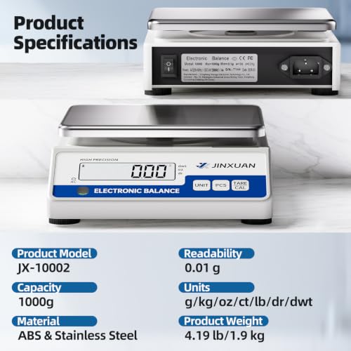 Lab Scale Gram Scale 0.01g Accuracy 1000 Gram Digital Scale Scientific Analytical Balance Scale Precision Scale for Jewelry Diamond Gold Chemistry Powder Kitchen, With 200g Weights Backlit LCD