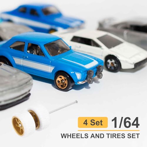 MECCANIXITY 4 Set 1/64 Wheels and Tires Set, Real Riders Rims Includes Axles for RC Diecast Car DIY Model, White with Gold 7-Spoke Rims, 11 x 5.2mm