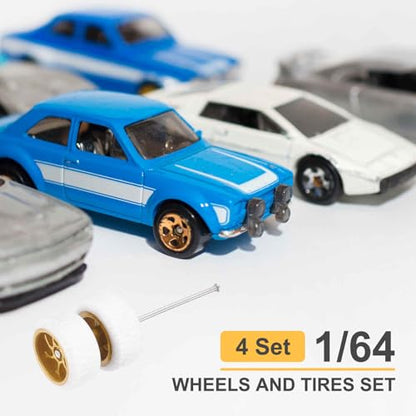 MECCANIXITY 4 Set 1/64 Wheels and Tires Set, Real Riders Rims Includes Axles for RC Diecast Car DIY Model, White with Gold 7-Spoke Rims, 11 x 5.2mm