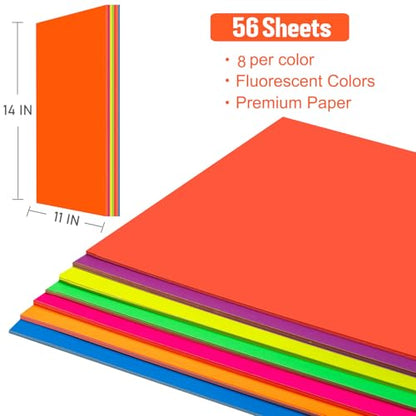 Poster Board 22x28 Inches,56 Sheets Neon Paper 7 Color Fluorescent Paper Bright Cardstock 250 GSM/90 lb Heavyweight Projects School Science Fair Event Displays and Business Presentations