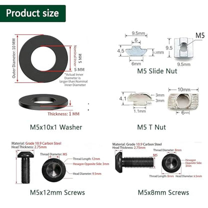 240pcs M5 T-Nuts Screws Kit for 2020 2040 8020 Series Aluminum Extrusion,40Pcs M5x8,40Pcs M5x12 Hexagon Socket Screws,40Pcs M5 T Sliding Nut,40Pcs M5 T Nut,80Pcs Washers - style: 240pcs 20 Series Screws Kit Black