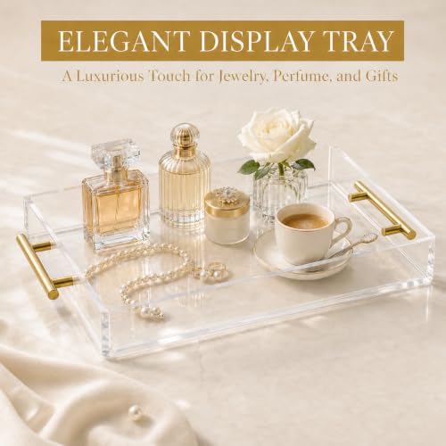 Clear Acrylic Tray 20x16” with Golden Metal Handles - Large Plastic Tray for Serving Guests, Countertop Organization, Ottoman Coffee Table & Vanity – Modern Decorative Tray for Home & Office - color: Golden Handles - Transparent, size: 20" x 16" x 2"