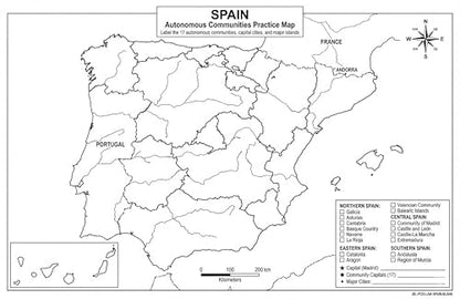 Spain Map Poster 11x17 | Laminated Double-Sided Geography Chart with Color Map Front & Blank Outline Back | Reusable Classroom & Homeschool Learning Tool - color: Spain