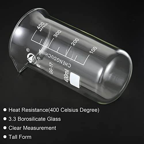 PATIKIL 400ml Tall Form Glass Beaker, 3.3 Borosilicate Glass Graduated Printed Scale Measuring Cups with Spout for Kitchen Lab Liquids Transit Boiling - size: 400ml