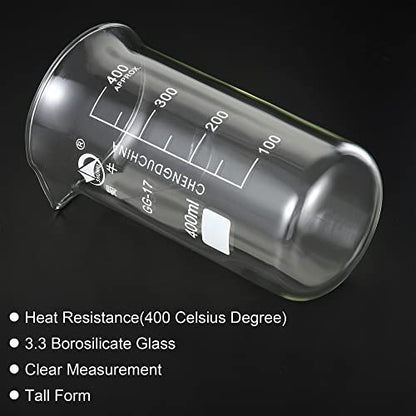 PATIKIL 400ml Tall Form Glass Beaker, 3.3 Borosilicate Glass Graduated Printed Scale Measuring Cups with Spout for Kitchen Lab Liquids Transit Boiling - size: 400ml