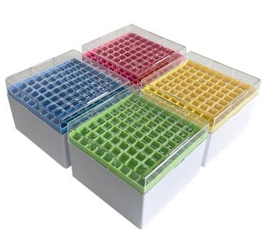 MUHWA 4 Packs 5ml Cryogenic Vial Storage Box, 81-Place CryoBox Vial Rack for Corning/Thermo 5ml cryotube(Assorted Color Blue/Red/Yellow/Green)