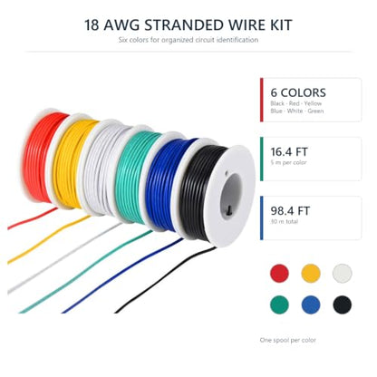 TUOFENG 18 AWG Stranded Wire Kit, Tinned Copper, 6 Colors, 16.4 ft Each - size: 18 AWG PVC Stranded Wire 6 Colors 16.4ft Each