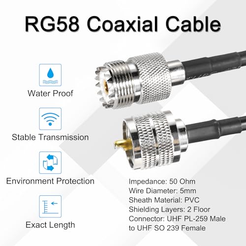 MECCANIXITY 1PCS RG58 Coaxial Cable 10ft/3 M, UHF PL-259 Male to UHF SO 239 Female Coax Cable 50 Ohm Low Loss Cable for CB Radio, Ham Radio, Antenna Analyzer - size: 10ft/3 M