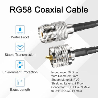 MECCANIXITY 1PCS RG58 Coaxial Cable 10ft/3 M, UHF PL-259 Male to UHF SO 239 Female Coax Cable 50 Ohm Low Loss Cable for CB Radio, Ham Radio, Antenna Analyzer - size: 10ft/3 M