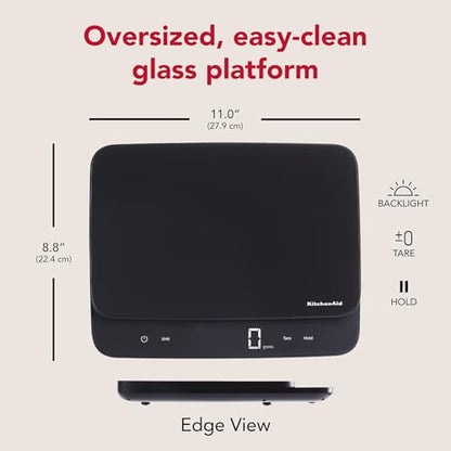 KitchenAid KQ917 High Capacity Glass Surface Digital Kitchen and Food Scale, 30 Pound Capacity and Precision, Grams, Ounces, Pounds, Fluid Ounces & Milliliters, LED, Tare Function, Black - color: Black