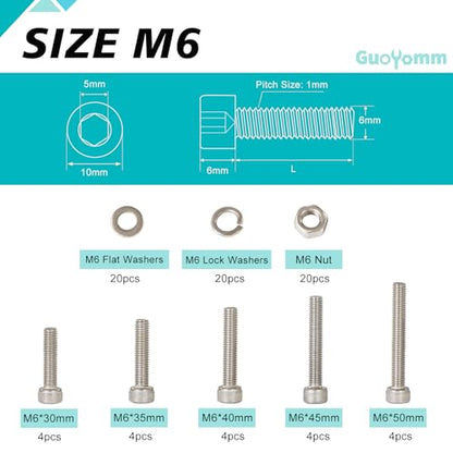 M6 x 30mm 35mm 40mm 45mm 50mm, Hex Socket Head Cap Screws Bolts Washers Nuts Assortment Kit, Stainless Steel 304, Metric Allen Drive, 80 PCS - size: Socket M6x30/35/40/45/50 mm