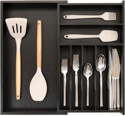 KitchenEdge Silverware & Utensil Organizer | Black Bamboo, 10.5-19 In - color: Black Bamboo, size: From 10.5" to 19" Wide