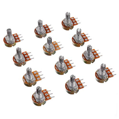 BOJACK 10 Values 12 Pcs B1K-B1M Ohm Knurled Shaft 3 Terminals Linear Taper Rotary Potentiometer(WH148) Single Turn Carbon Film Variable Resistor Assortment Kit