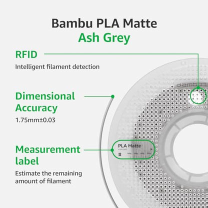 Bambu Lab PLA Matte 3D Printer Filament 1.75mm RFID 1kg with Spool, Ash Grey - color: Ash Grey, size: With Spool