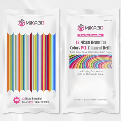 12 Bright Colors 2.5mm PCL Filament Refill, Low Print Temperature Filament, Each Color 15cm x 5pc, Total 60pcs 900cm PCL Filament by MIKA3D - color: 12 Colors Bright Pcl