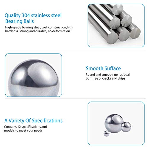 580 Pcs 12 Size Precision 304 Stainless Steel Bearing Steel Ball Assortment 3/32” 1/8" 5/32" 3/16" 7/32" 1/4" 9/32” 5/16” 11/32” 3/8” 13/32” and 1/2'' with Storage Box - size: 0.094-0.500" (12 Sizes)