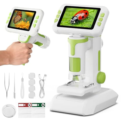 1600X Microscope for Kids, 1080P 4.0" Digital Screen Kids Microscopes with Slides Kit, Educational Science Toys for Christmas Birthday Gifts for 3-14 Year Old Children Students - color: Green