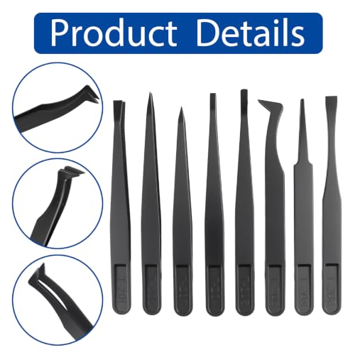 8PCS Precision Plastic Tweezers, Anti-Static Tweezers Set, Slant Flat Tip Tweezer Pointy/Curved Tips Tweezers for Electronics Assembly, Repair, Crafts Making (4.5-4.9 Inch, Black)