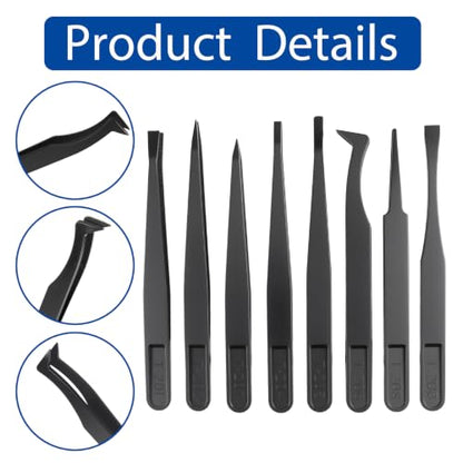 8PCS Precision Plastic Tweezers, Anti-Static Tweezers Set, Slant Flat Tip Tweezer Pointy/Curved Tips Tweezers for Electronics Assembly, Repair, Crafts Making (4.5-4.9 Inch, Black)