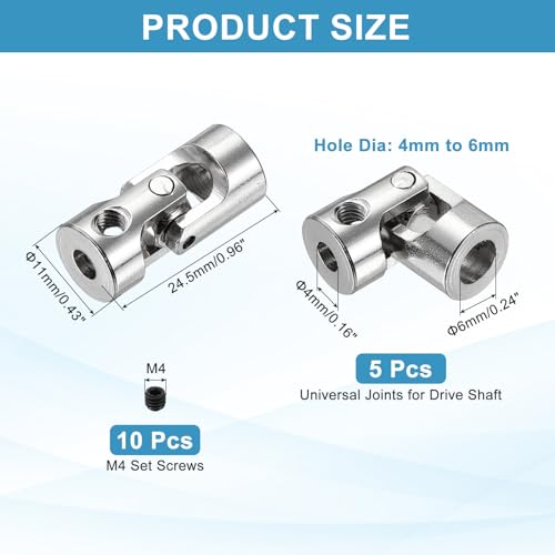 MECCANIXITY 5pcs Universal Joint Shaft Coupling, 4mm to 6mm Inner Dia Rotatable Steering Shaft U Joints Coupler with Screws for RC Car, Robot, Boat Drive Ship Motor Use - size: 4mm to 6mm