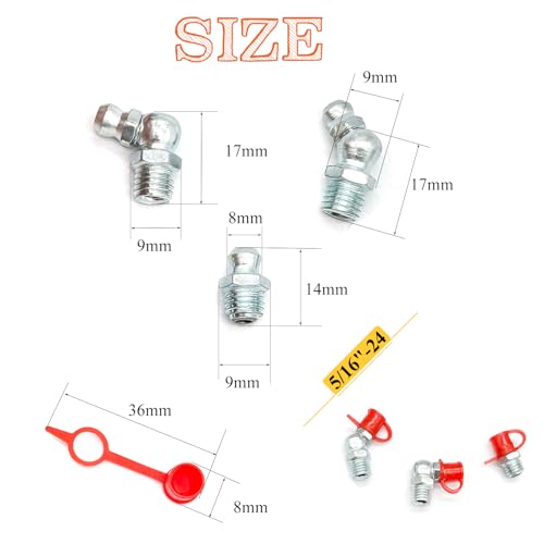 24Pcs 5/16"-24 Straight 45 90 Degree Grease Fitting Assortment Kit with Grease Zerk Fittings Caps, Galvanized Steel Hydraulic Grease Zerk for Industrial and Agricultural Machinery Cars Ships ets - size: 5/16"-24-24 Pcs