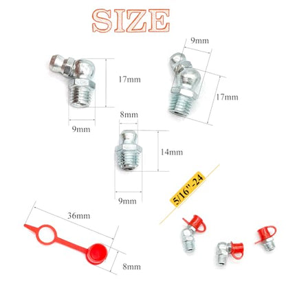 24Pcs 5/16"-24 Straight 45 90 Degree Grease Fitting Assortment Kit with Grease Zerk Fittings Caps, Galvanized Steel Hydraulic Grease Zerk for Industrial and Agricultural Machinery Cars Ships ets - size: 5/16"-24-24 Pcs