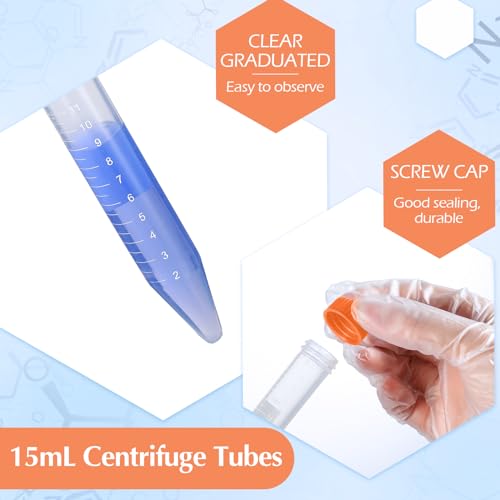 Konohan 200 Pack Plastic Conical Centrifuge Tubes with Screw Caps Graduated and Write Marks for Sample Centrifuge Leak Proof Tubes for Science Project Labs Supplies DIY Craft Organizer Storage(15 Ml)