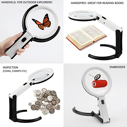 Deluxe Products Foldable Magnifying Glass with Light and Stand - 2 in 1 Handheld or Handsfree Lightweight Magnifier Light. 2X 5X Bifocal Lens for Crafts, Stitch Repair Reading, Sewing, White (DP-1152) - style: Built in Stand