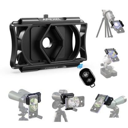 APEXEL 360° Telescope Phone Adapter, Upgraded Binocular Photo Adapter for Android & iPhone, Smartphone Mount for Telescope, Monocular, Microscope, Spotting Scope. (Including Bluetooth Shutter Remote)