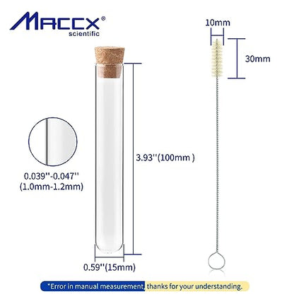 Glass Test Tubes with Cork and Brush, Vol.10ml/Dia.15x100mm, Pack of 50, 3.3 Borosilicate Glass, TTGS02-050 - style: 50pcs of Vol.10ml, with cork& brush