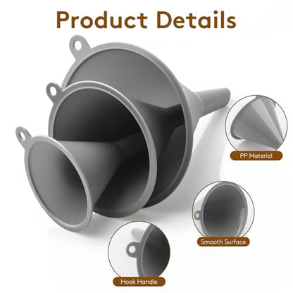 3Piece Plastic Kitchen Funnel Set, Multifunctional Funnels for Filling Bottles Canning Car Oil Funnels,Small Medium Large Round Food Funnel for Cooking, Lab, Automotive Use