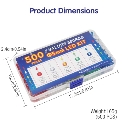 500 Pcs 5mm LED Diode Lights Assored Kit, Variety Color Electronics Components, Light Emitting Diodes for DIY Project, White/Red/Yellow/Green/Blue