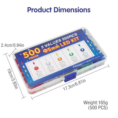 500 Pcs 5mm LED Diode Lights Assored Kit, Variety Color Electronics Components, Light Emitting Diodes for DIY Project, White/Red/Yellow/Green/Blue